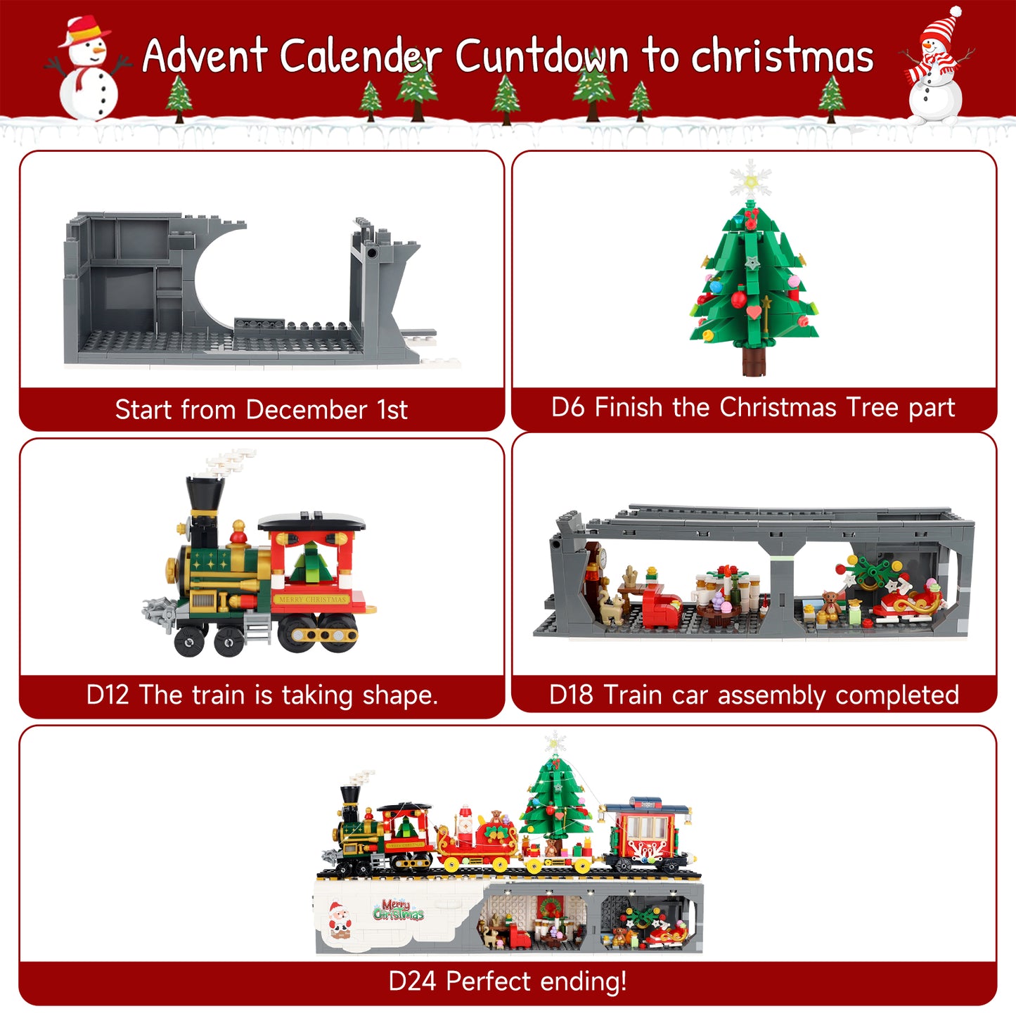 Advent Calendar 2024 Christmas Train Building Blocks Set, 1529 Pieces