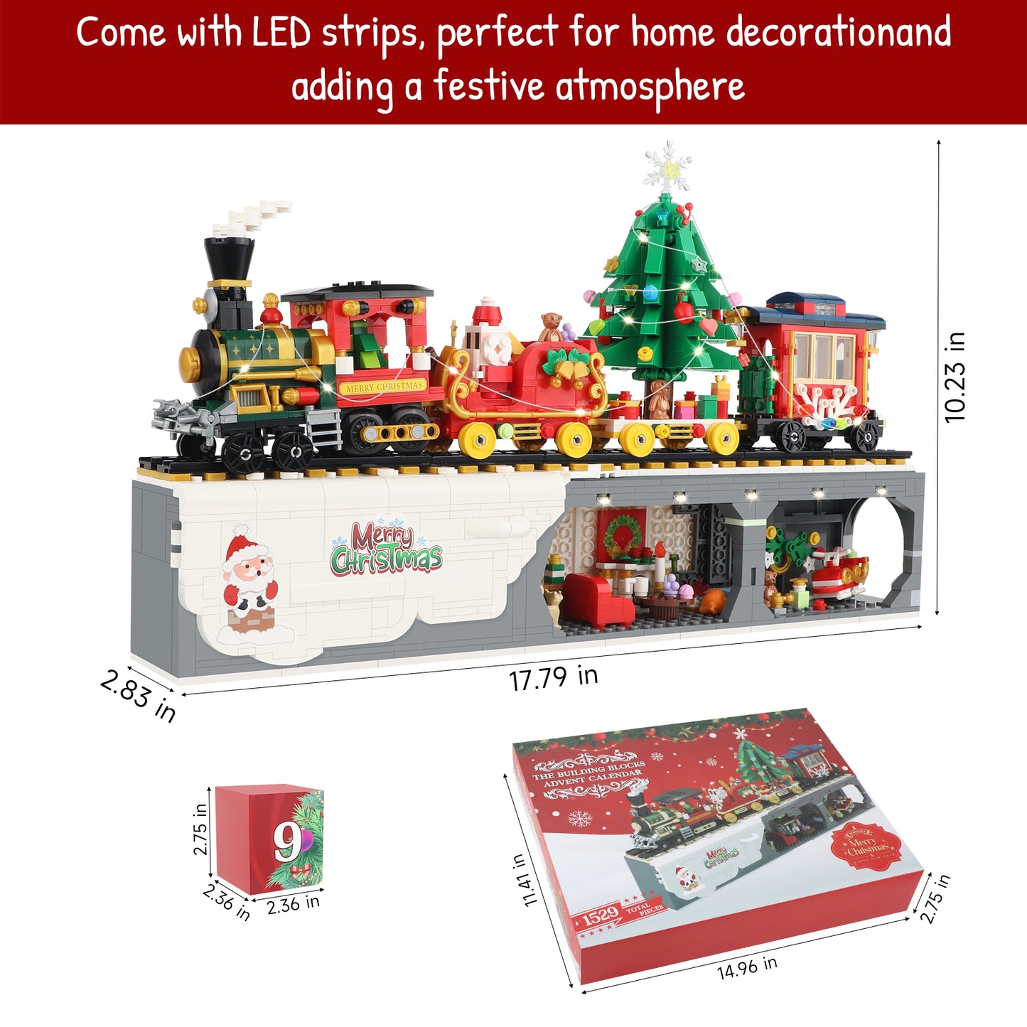 Advent Calendar 2024 Christmas Train Building Blocks Set, 1529 Pieces