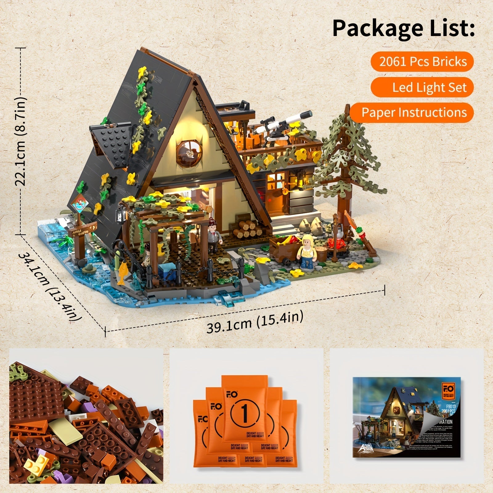 A-Frame Cabin Building Bricks Set with LED Lights, 2061 PCS