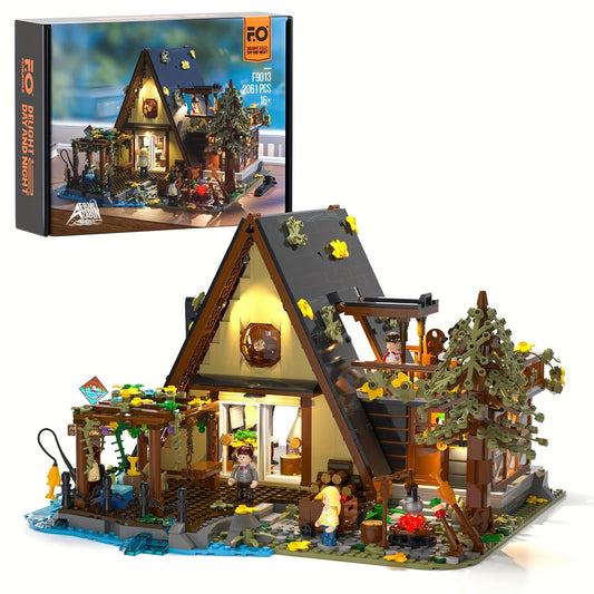 A-Frame Cabin Building Bricks Set with LED Lights, 2061 PCS